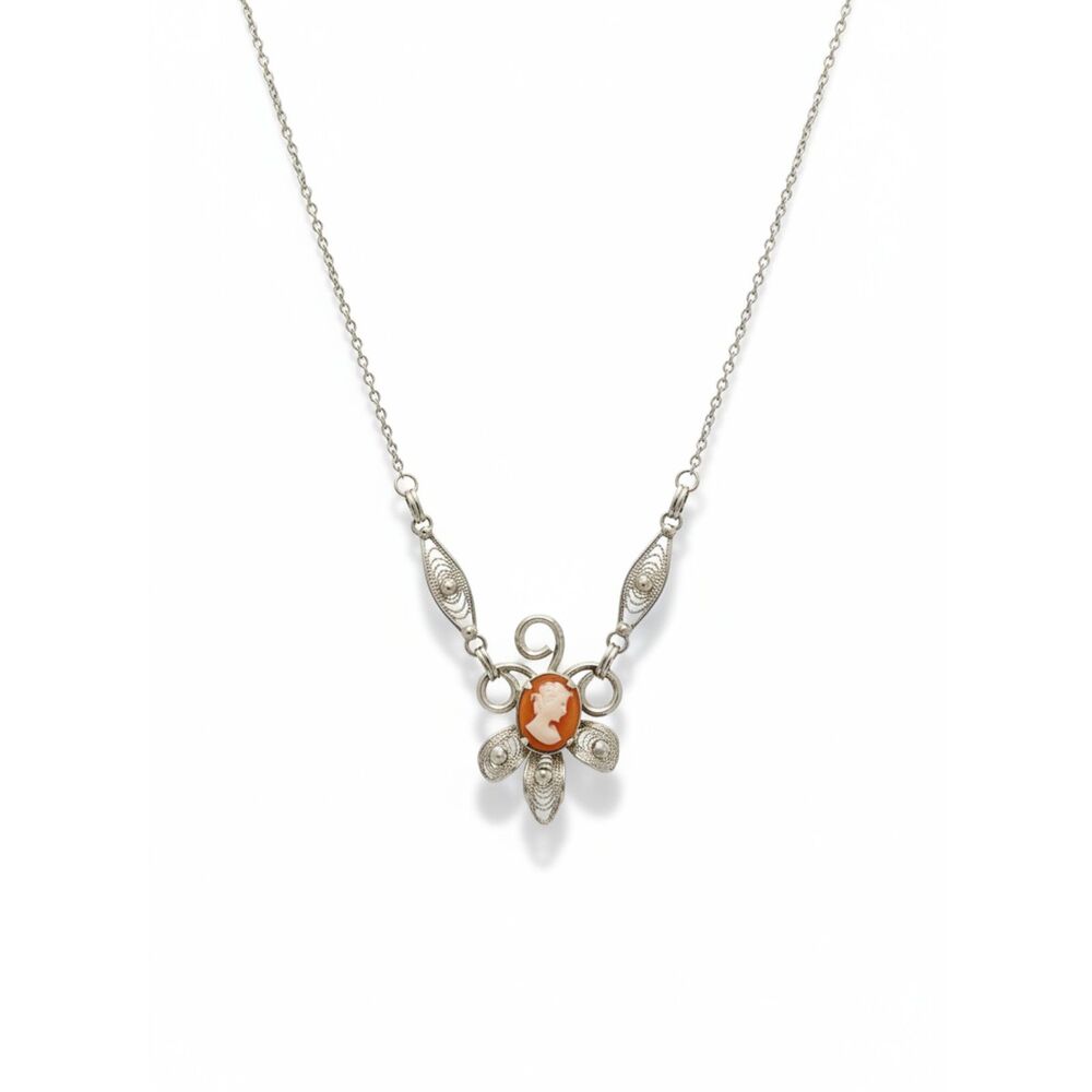 Vintage Sterling Cameo Filigree Necklace